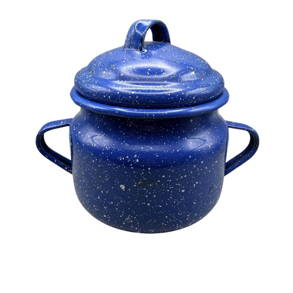 Cinsa Saltillo Mexico Blue Enamelware Speckled Pot with Lid Vintage 5.5 Inch